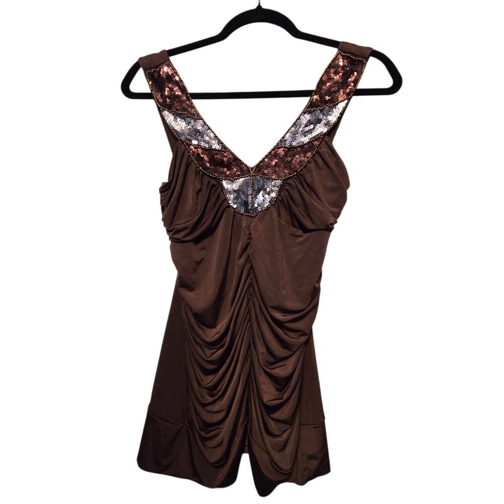 Vintage 90s‎ Y2K Wet Seal Beaded Babydoll Tank Top Womens LG Brown USA Clubwear